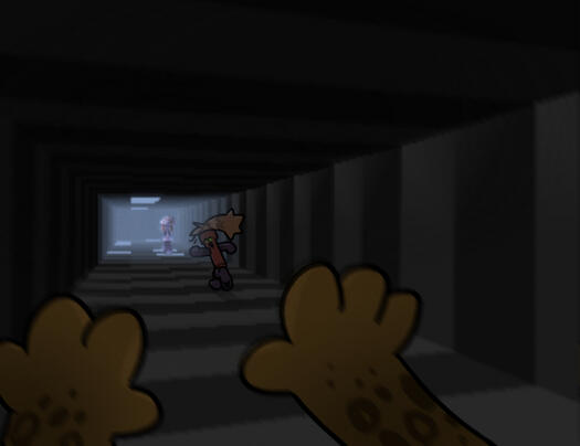 Viewer chases Dynamite through a long transitional hallway while Mushroom walks ahead.