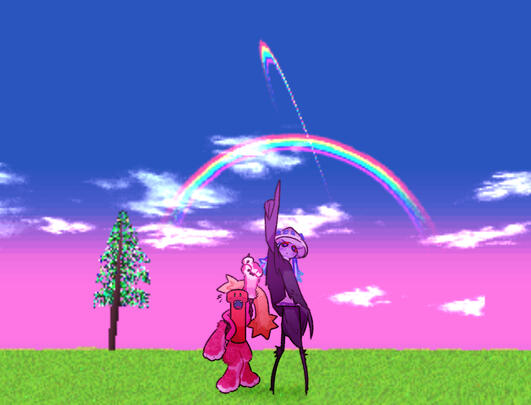 Dynamite and Mushroom point up at a double rainbow in the Natural World.