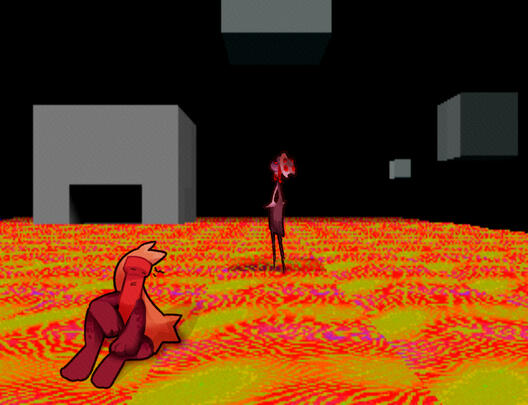 Mushroom stares up at a cube in the Black Space location while Dynamite sits amongst Downer tiles on the floor.