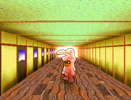 Pushpin stands in the long hallway.