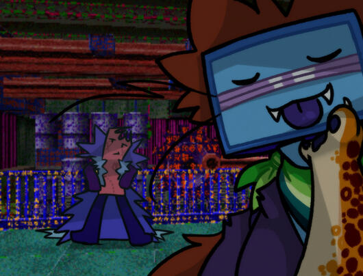 Inside of Clockwork Machines, the viewer scratches beneath Razor's chin while Gum stares at them while leaning against a handrail.