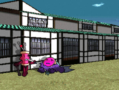 Spool and Citrus stand in front of and are illuminated by a graphical error in Kyoto.