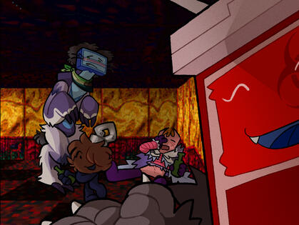Razor, Fuzzball, Sharps, and Gum stand on the ground floor of Bright Moon Cottage.