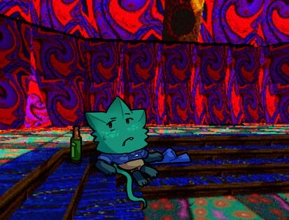 Minty sitting on the stairs in Clockwork Machines, wearing his work uniform.