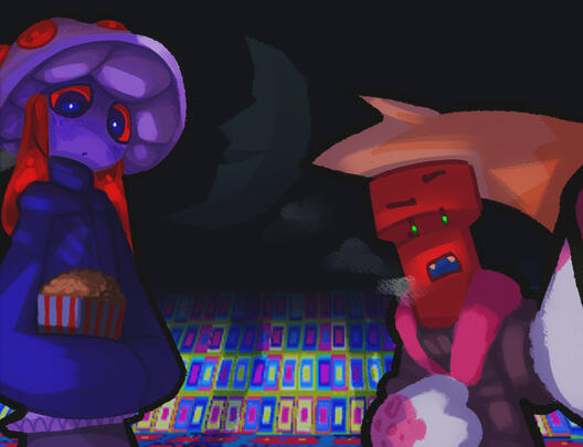 Dynamite touches the viewer's face while Mushroom watches, holding a bag of popcorn. The two are wearing winter clothes, and Dynamite's breath is visible. They are standing in Happy Town before the moon with a black fog generation.