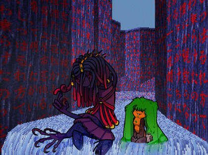 Carrot and Shibari sit on the edge of a waterfall in the Natural World.