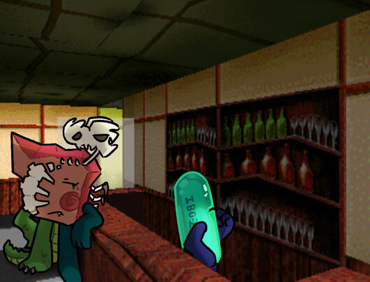 Painkiller browses the alcohol selection at the bar in Bright Moon Cottage while Fossil leans on the counter.
